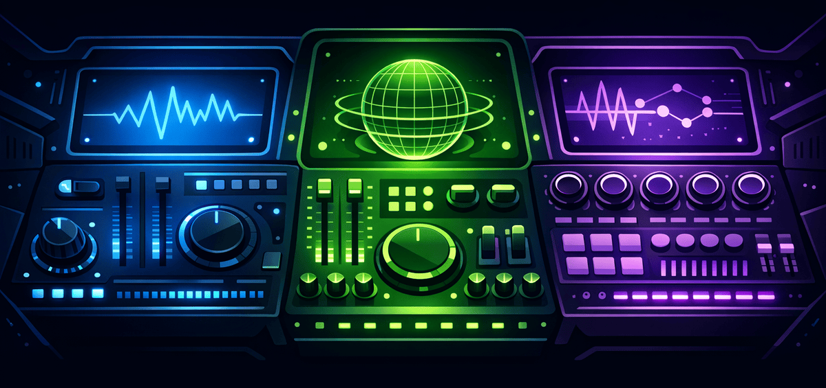 Futuristic control panel with glowing screens, dials, and equalizers representing Copilot CLI modes and commands