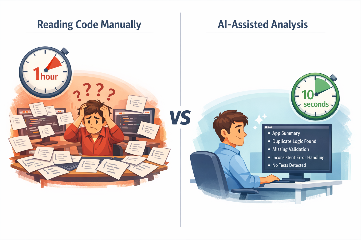 Split-screen comparison showing manual code review taking 1 hour versus AI-assisted analysis taking 10 seconds