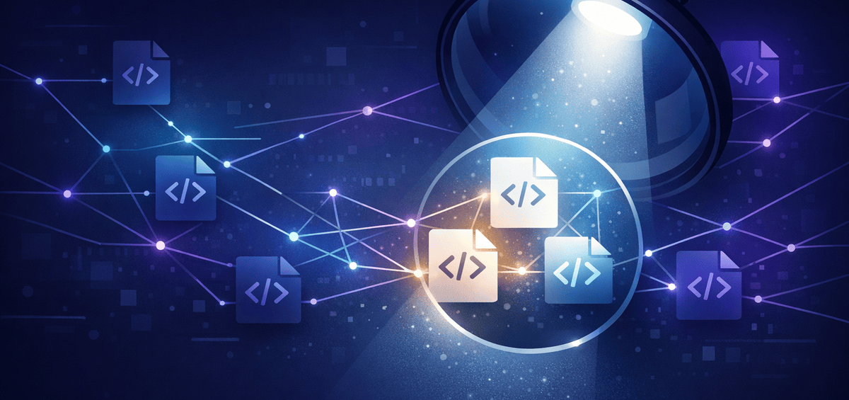 Glowing code blocks connected by light trails representing how context flows through Copilot CLI conversations