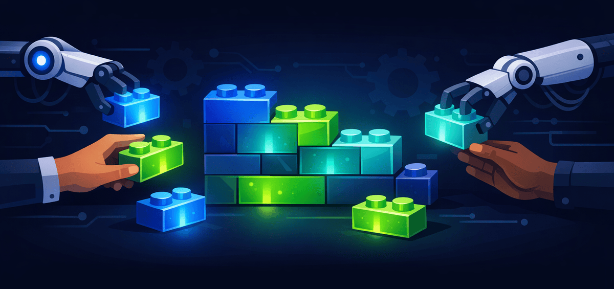 Human and robotic hands building a wall of glowing LEGO-like blocks representing skill creation and management